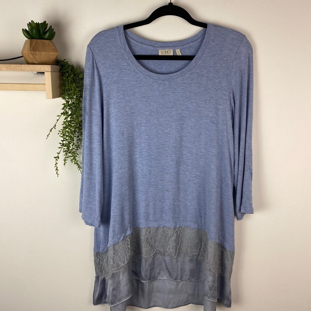 LOGO tunic blue‎ size large gray lace detail on the hem
